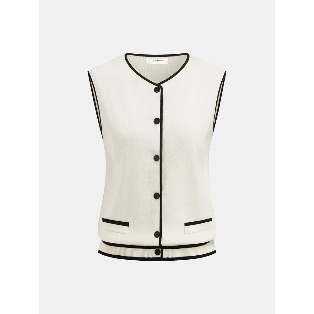 Commense Cream Black Contrast Trim Button Front Knit Cardigan Vest Small NWT
